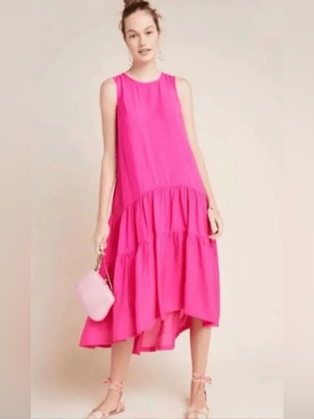 Maeve Vibrant Pink Tiered Midi Dress